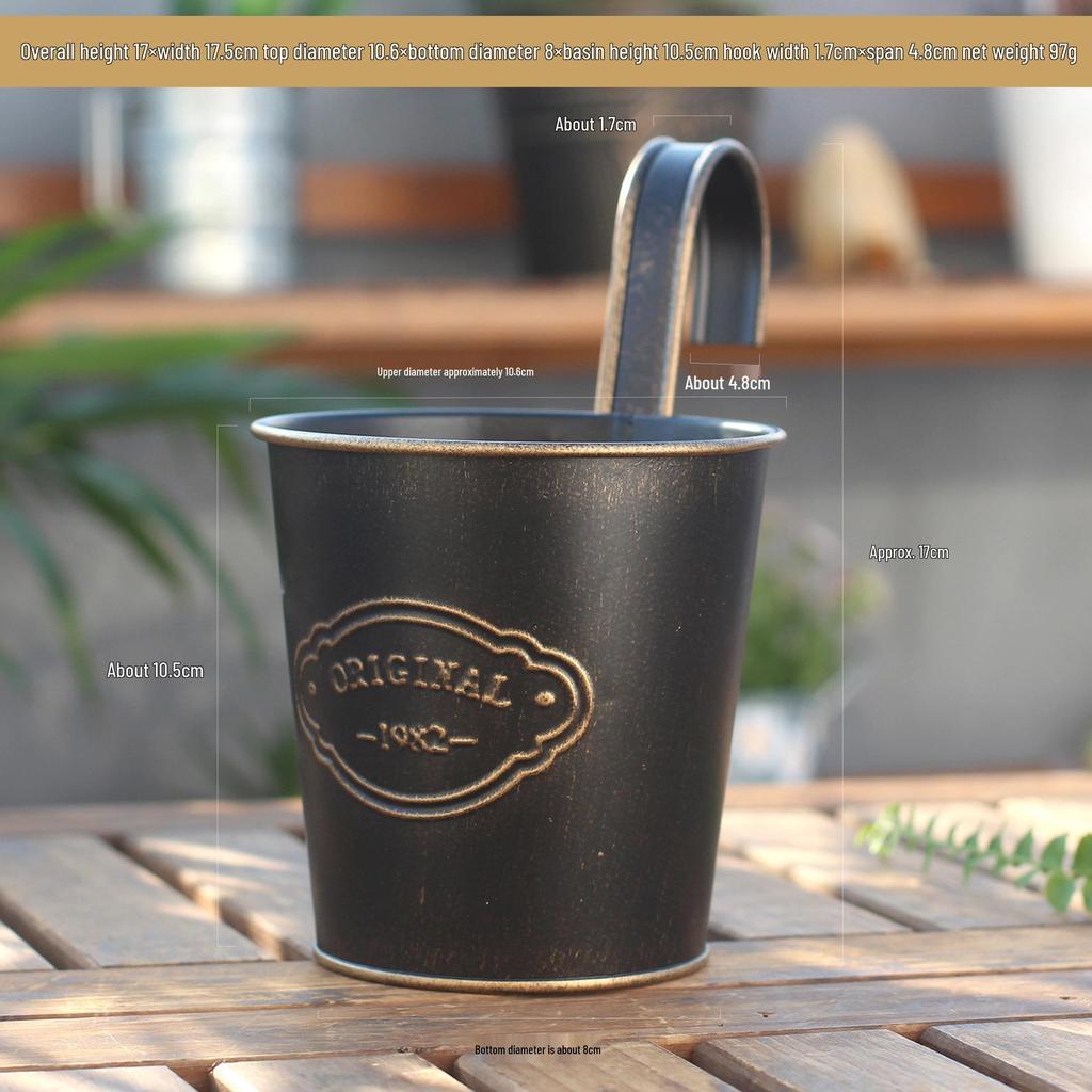 Vintage Galvanized Tinplate Hanging Bucket Flower Pot with Curved Hook