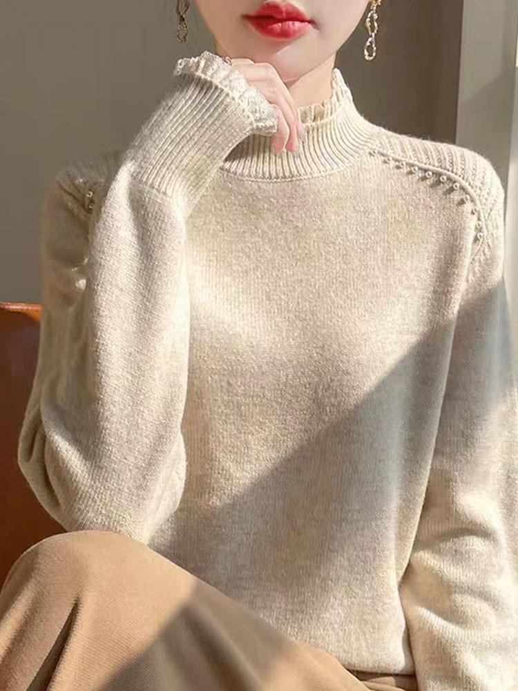 Women's Lace High Neck Wool Base Layer Sweater - Stylish & Warm Autumn/Winter Inner Wear.