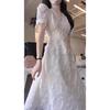Coffee Break French White Lace V-Neck Bubble Sleeve Dress Summer Female Gentle Wind Fairy Dress Temperament Long Dress