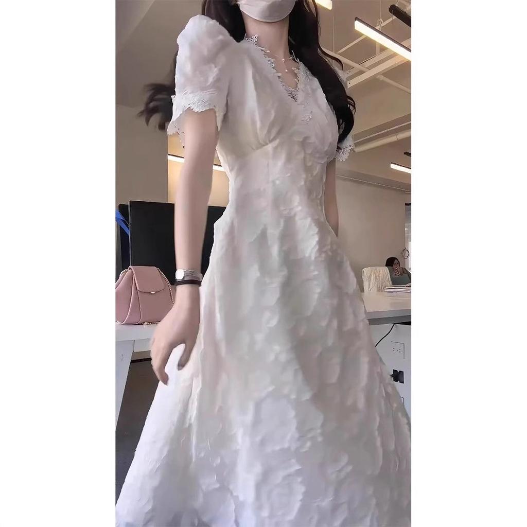 Coffee Break French White Lace V-Neck Bubble Sleeve Dress Summer Female Gentle Wind Fairy Dress Temperament Long Dress