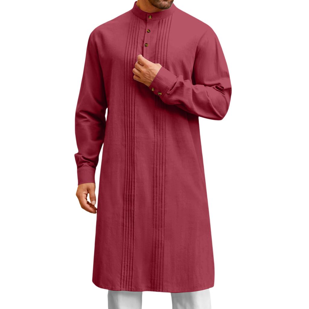 Mens Kaftan Thobe Button Down Casual Shirts Long Sleeve Robe Cotton Linen Muslim Gown Shirt
