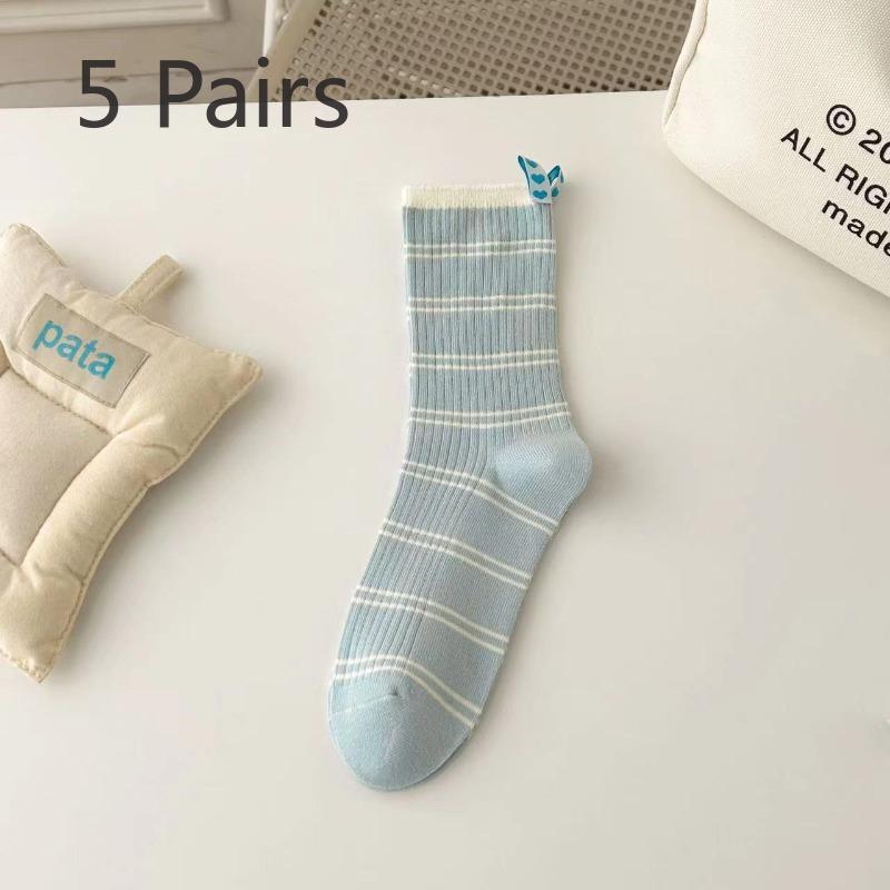 5 Pairs of New Female Spring and Summer Striped Heel Cloth Label Long Tube Pile Socks