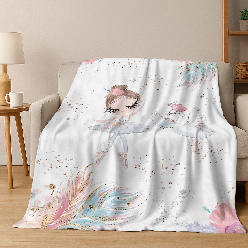 Elegant Ballet Dacing Girl Ballerina Cartoon Flannel Blanket,Cozy Soft Throw Blanket for Home Bedroom Bed Sofa Cover Gift Kids
