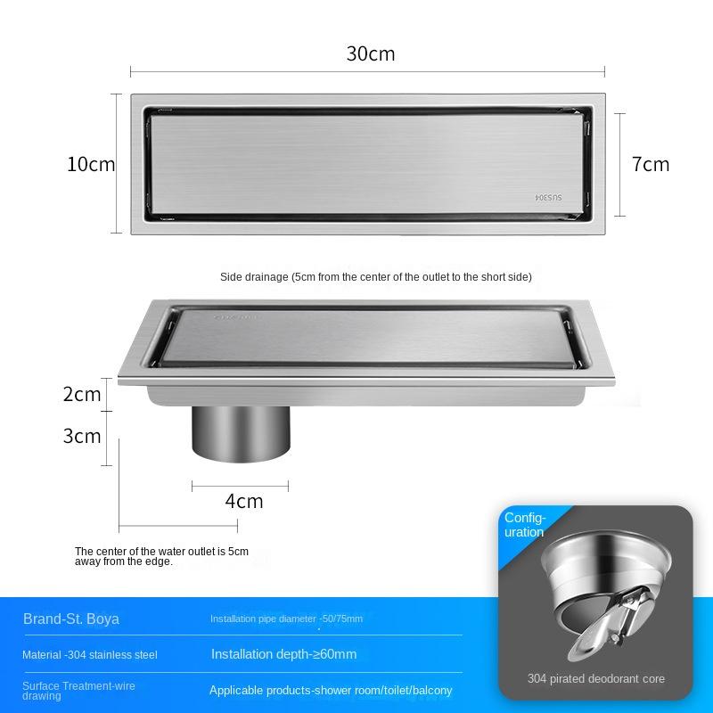 Luxury Hidden 304 Stainless Steel Rectangular Floor Drain Bathroom Toilet Drain Anti-Odor Filter Hair Extended Floor Drain