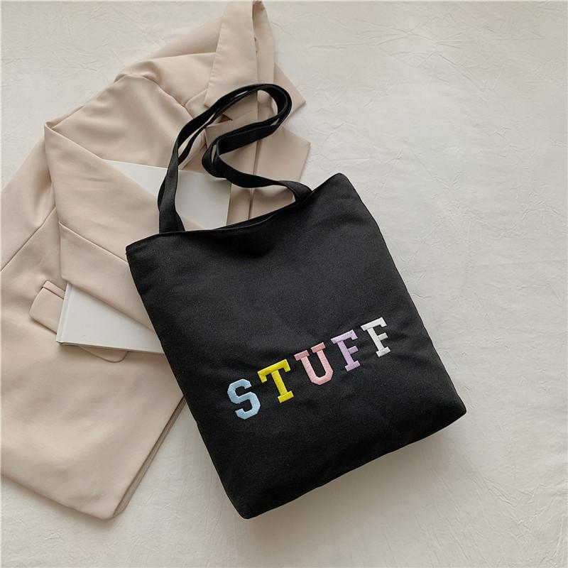

Trendy Black Canvas Tote Bag For Women With Stylish Embroidery And Casual Design Black
