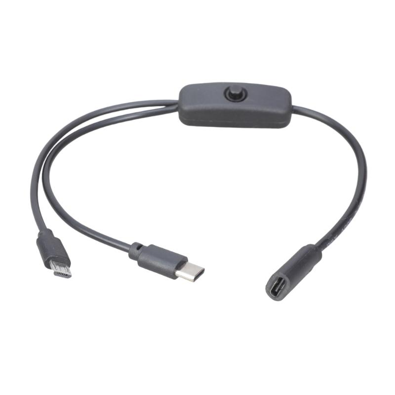 Type C Female to USB C & Micros USB Male Charging Cable with On/Off Switches Charge 2 Devices Simultaneously
