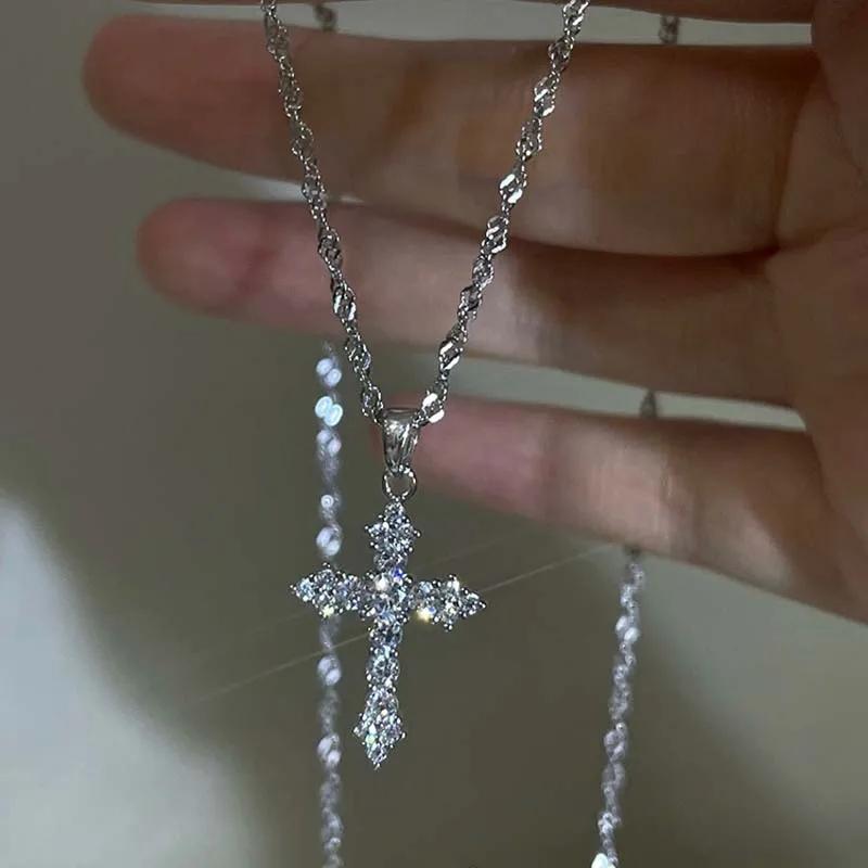 Zircon Cross Pendant Necklace, Silver Thin Chain for Women, Punk Style Party Birthday Jewelry Gift