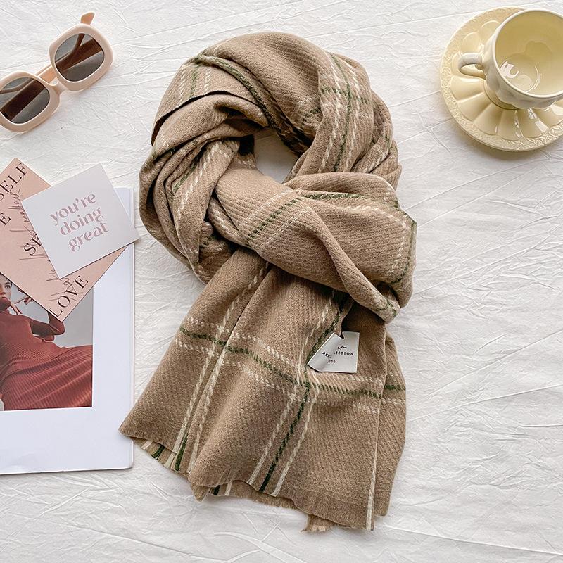 White plaid scarf women's autumn and winter new high-end warm and thickened imitation cashmere shawl dual-purpose scarf