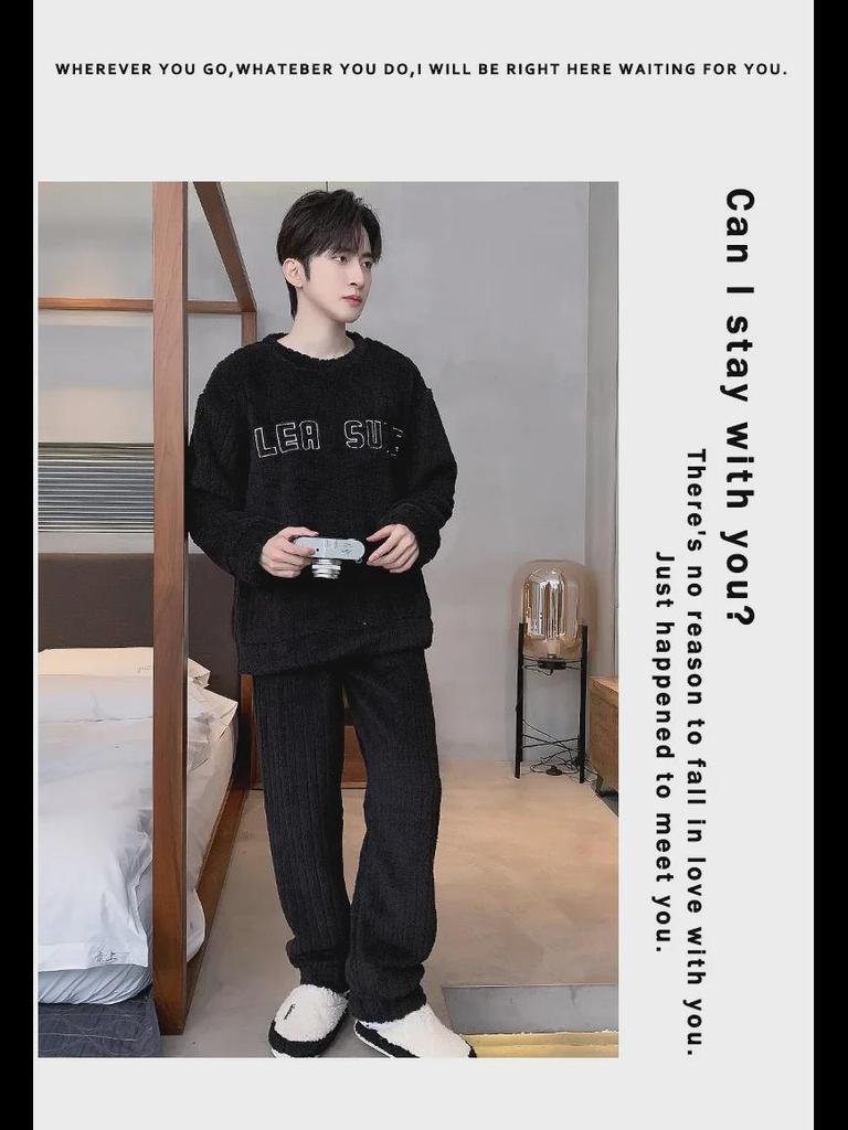 Men's Winter Coral Fleece Pajamas: Outdoor Wearable, Thickened Flannel, One-Piece Home Clothing