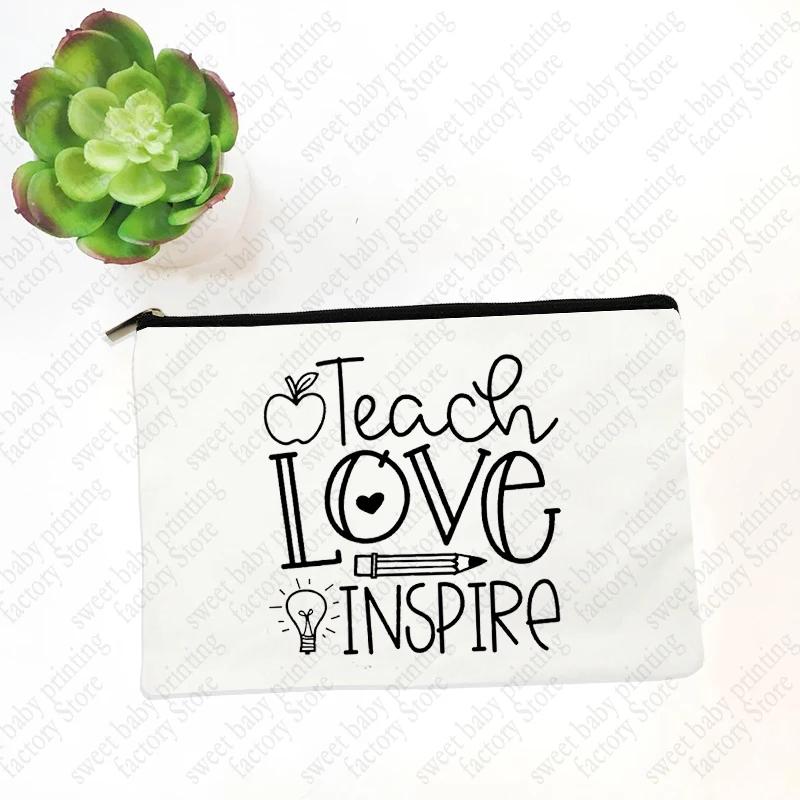 Teach Love Inspire Teacher Makeup Cosmetic Bags  Back To School Gift Beauty Cases Pencil Pouch Organizer Storage Box Mini Purse