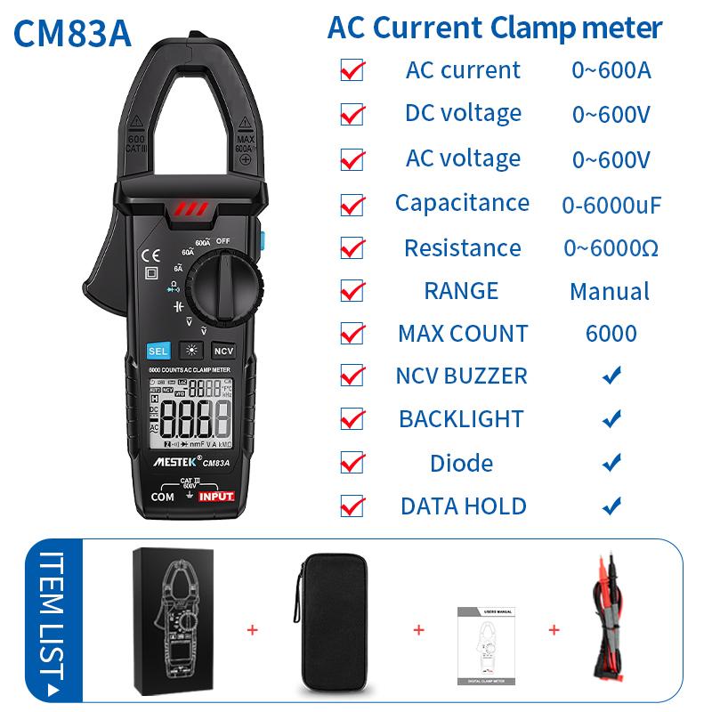 

CM83E Цифровий струмовимірювальний кліщ 600A AC DC Струм True RMS Амперметр Кліщі Автоматичний діапазон 6000 Відліків Мультиметр Напруга Гц Ом NCV Тестер