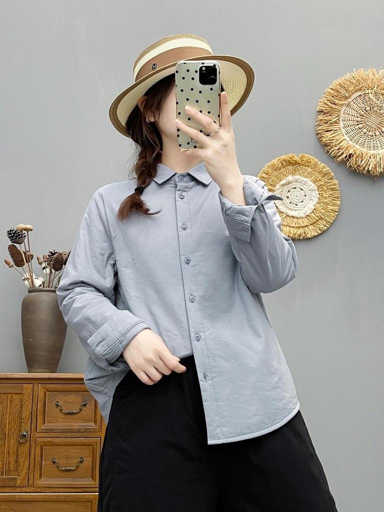 Women's Solid Color Cotton-Padded Shirt Jacket with Pointed Collar - Autumn/Winter Warm Top 86551