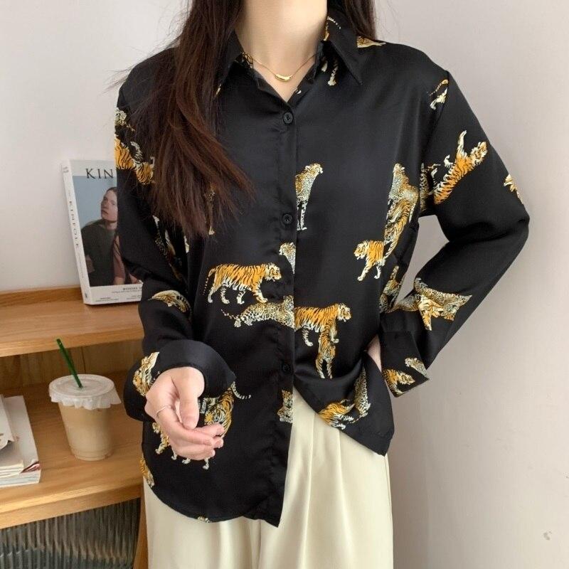 Vintage Turn Down Collar Blouse Fashion Leopard Animal Print Long Sleeve Shirt Casual Pocket Loose Tops 2023 Women Clothes 20678