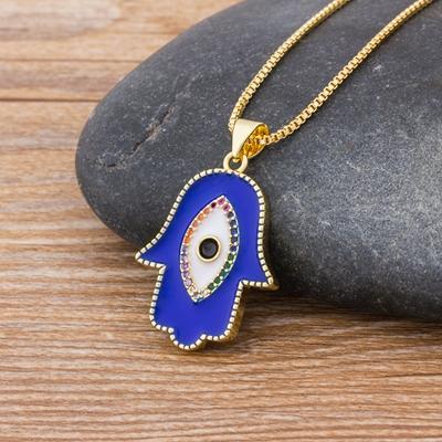 

Nidin Новая Мода Турецкий Синий Глаз Рука Фатимы Ладонь Ожерелье Для Женщин Медная Бижутерия Оптом Цепочка на Удачу темно-синий