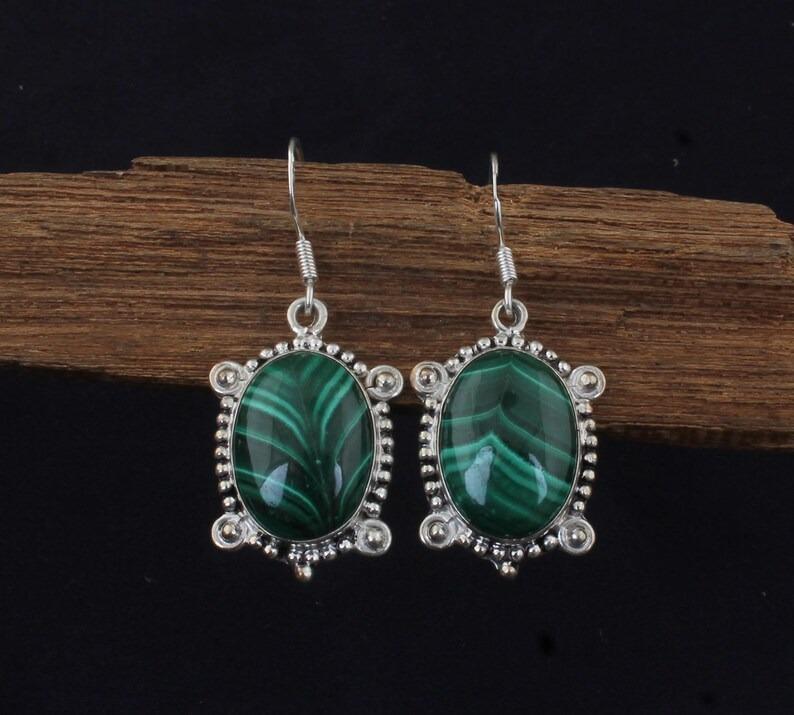 Malachit Edelstein Handgefertigte Boho Designer Ohrringe Statement Ohrringe, Hängeohrring, Geschenk für Sie, 925 Silber Ohrring