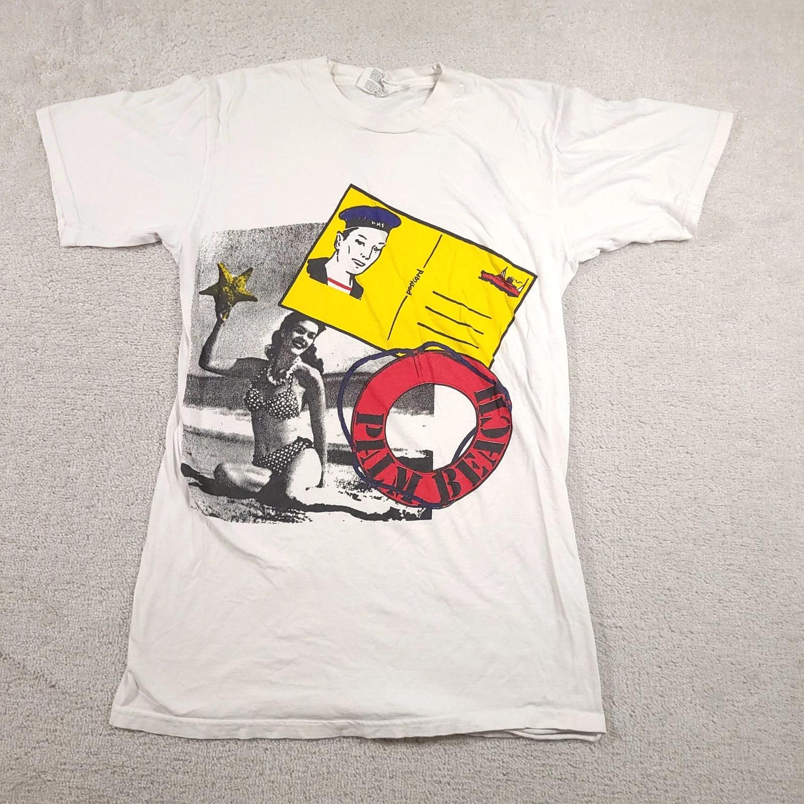 

Vintage Palm Beach Shirt Mens Medium Graphic Postcard Swimsuit Beach 90s Tee 110