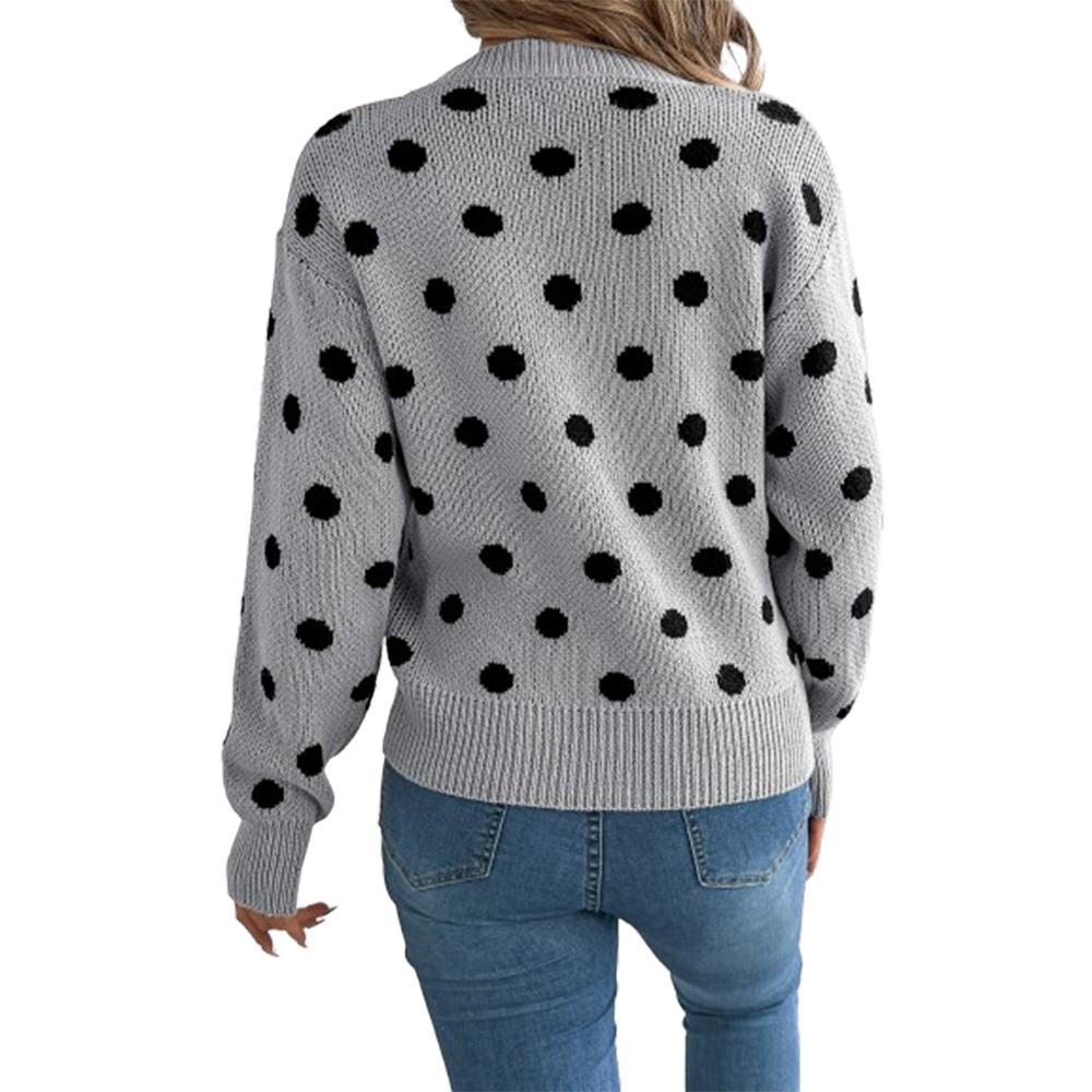 Women's Knitted Sweater Crew Neck Long Sleeve Polka Dot Print Pullover Jumpers Soft Knitwear Tops