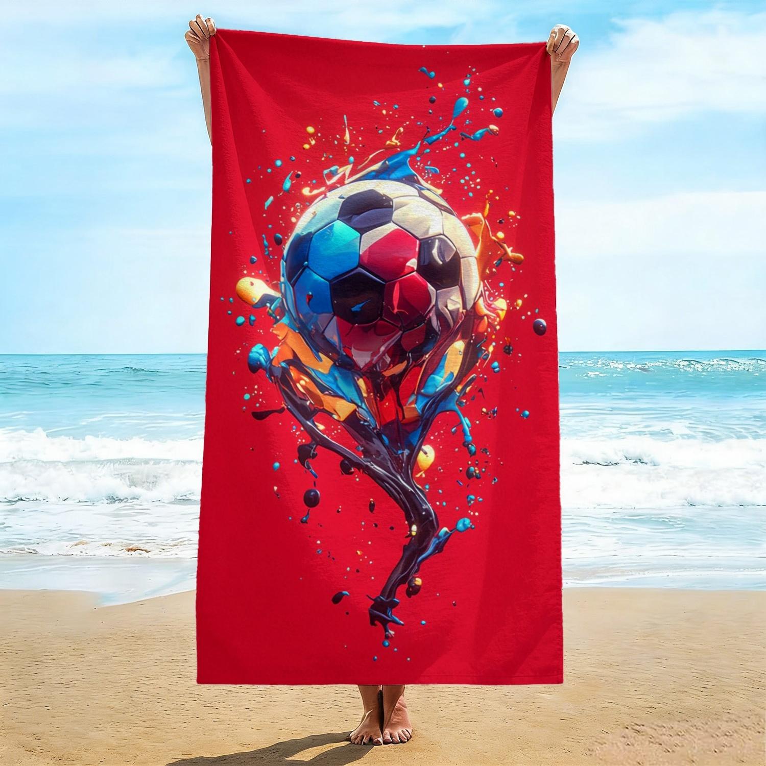 

Dynamic Sports Beach Towel, Red Background Paint Splash Soccer Ball Print Bath Towel, Stylish Soccer Fan Beach Blanket W30*H60(CM)