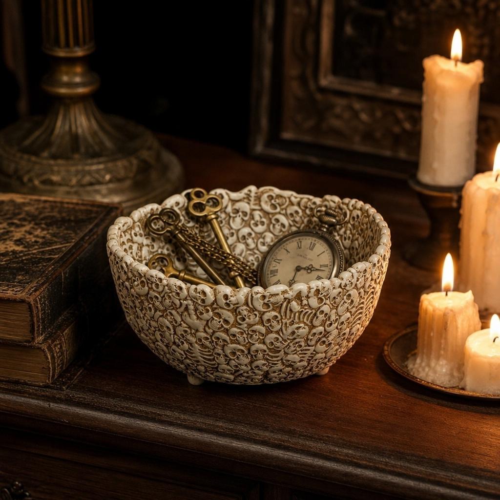 Resin Decorative Skull Bowl with Detailed Skeleton Design for Candy Storage and Display Not Suitable for Direct Food Contact