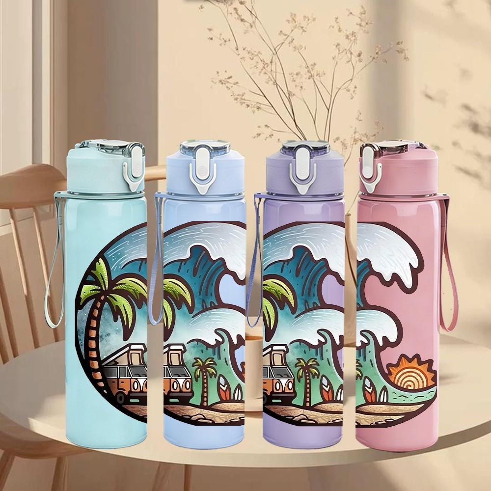 1PC Tropical Island Wave Ocean Print 750ml Color Plastic Sports Water Bottle Leakproof Flip Straw Lid Suitable for Sports Office Home Use