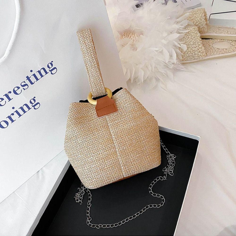 Korean Style Woven Handbag Solid Color Small Phone Bag Fashion Straw Bucket Bag  Vacation