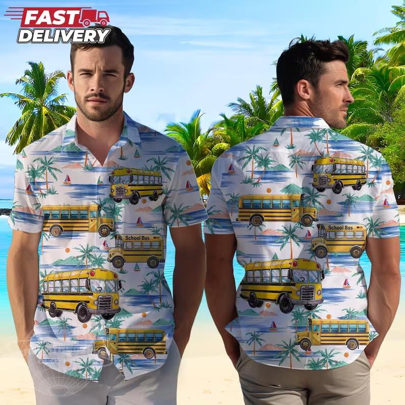 Men's School Bus & Tropical Floral Print Hawaiian Shirt Casual Button Down Short Sleeve Beach Shirts For Summer Holiday
