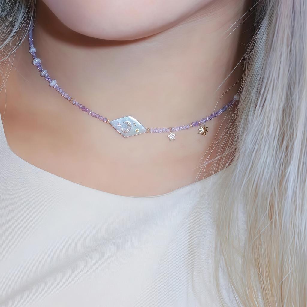 Handmade Moon Star Imitation Pearl Necklace with Zircon Accent for Women Stylish Collarbone Chain Gift Idea