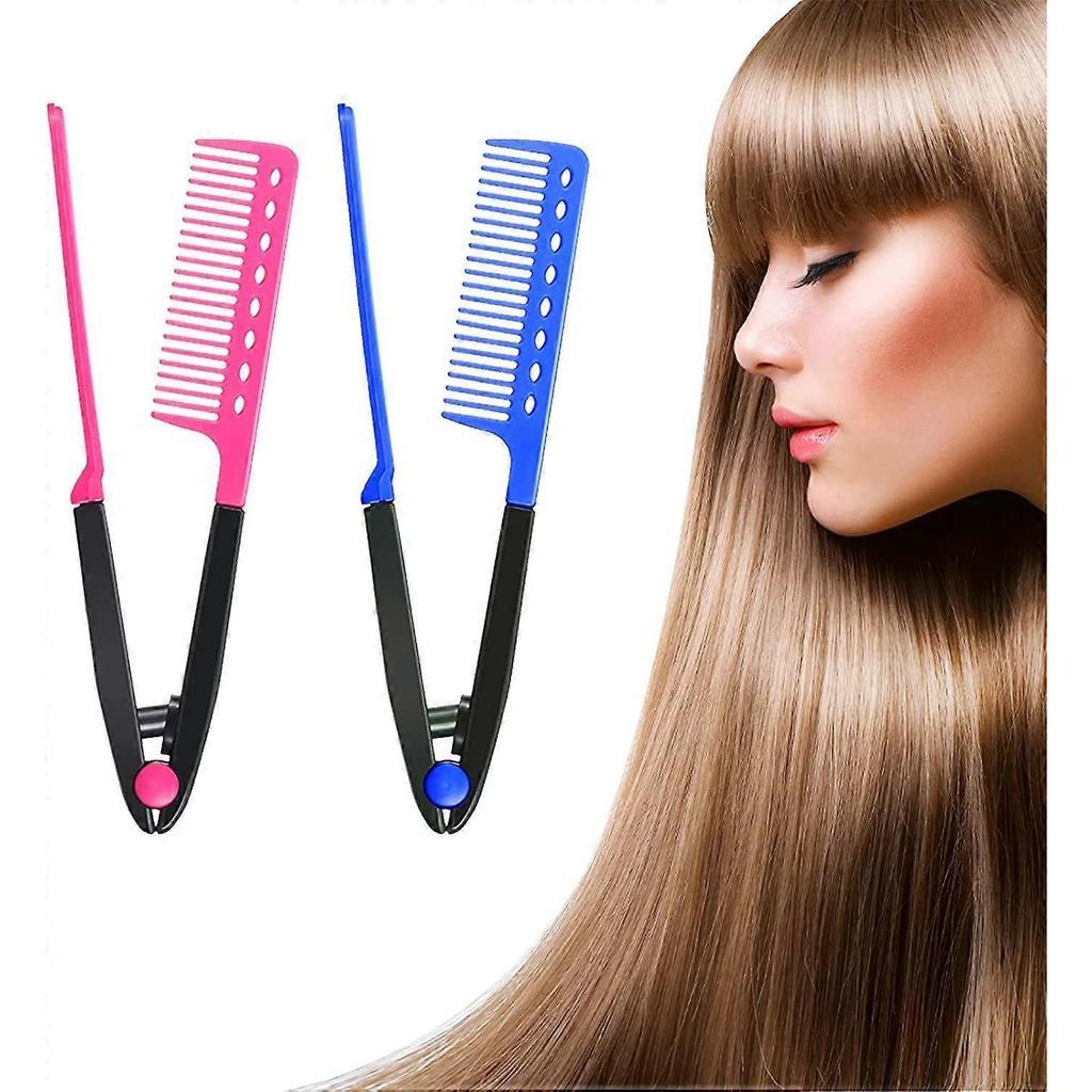 2 Flat Combs Hair Straightener Comb Salon Hair Brush Hairdressing Comb V-Shaped Straightener (Roes Red, Blue,2024 Ping