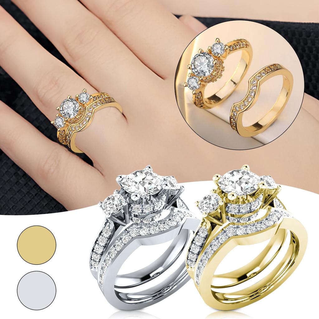 Women Zircon Full Pave Inlaid Bridal Ring Set Three Stone Engagement Wedding Band Jewelry