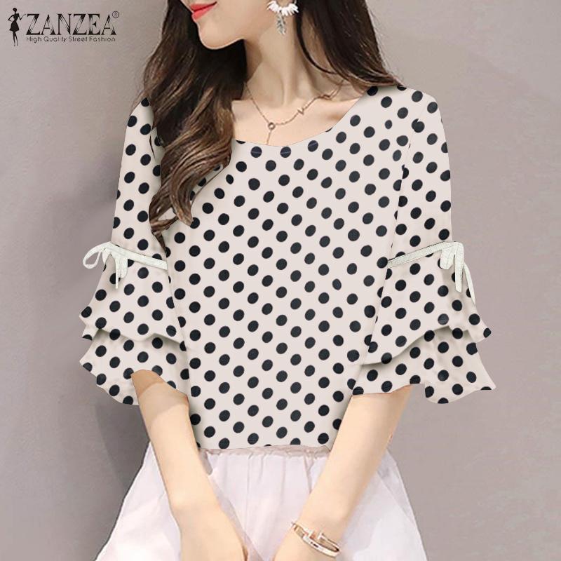 ZANZEA Womens Summer Flare Half Sleeve Polka Dot Print Blouse