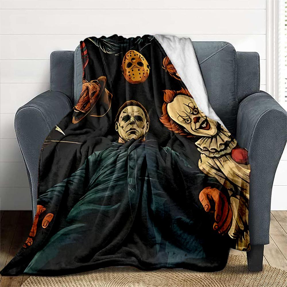 1pc Horror Icons Outdoor Blanket Lightweight Flannel, Soft & Warm, All Season Use for Sofa, Outdoor, Camping, Living Room, Office, Chair