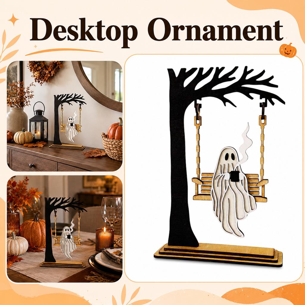 Halloween Table Centerpiece with Swing - Cute Wooden Decorative Sign for Home Decor