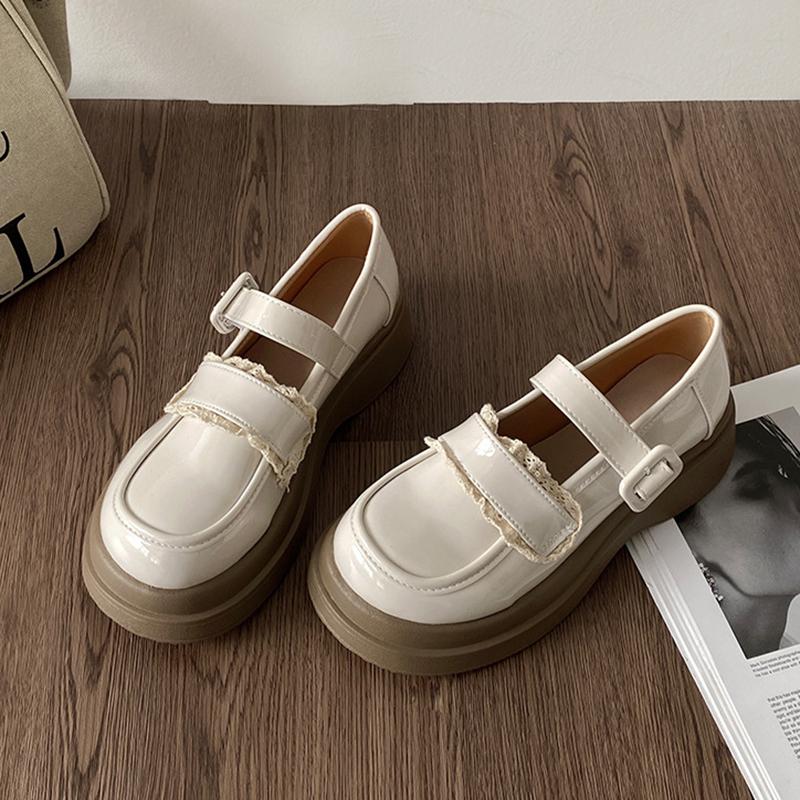 2026 Frühling Herbst Leder Mary Jane Schuhe Doppel-Schnallenriemen Spitze Dekor Plateau Loafer Klobige Runde Spitze Freizeit Lolita Schuhe