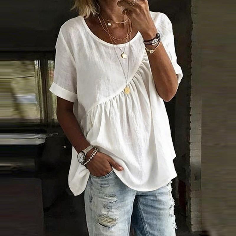 2026 New Summer Solid Color Round Neck Short Sleeve Ruched Women's Casual Top T-Shirt