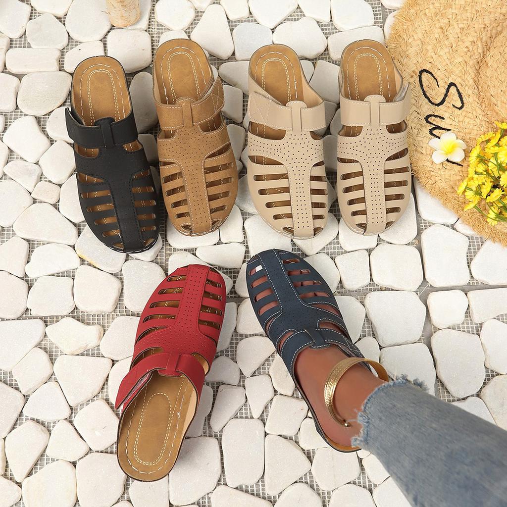 Sommer neue Überseehandel Damenschuhe in Übergröße dicksohlige Halbpaket-Kopf hohl atmungsaktiv Keilabsatz runde Zehenpartie lässige Sandalen
