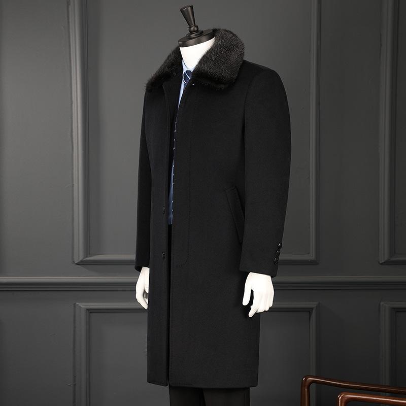 

Кашемировое пальто мужское зимнее повседневное шерстяное пальто средней длины для пап, теплое пальто с воротником из кроличьего меха для людей среднего и пожилого возраста 175