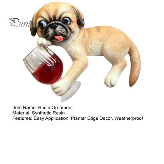 Creative Planter Edge Decor Lying Pug Statue for Planter, Dog Figurine with Red Wine Tabletop Animal Ornament Glass, Cute Resin Flower Pot Decoration