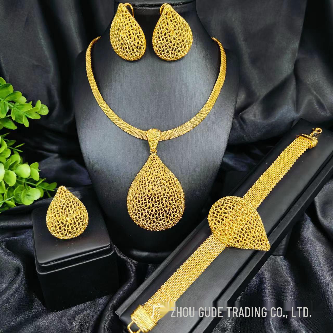 

24K Gold-Plated Bridal Jewelry Set: Necklace, Earrings, Ring & Bracelet for Middle Eastern, Indian, and Nigerian Weddings. 24k Gold Plated