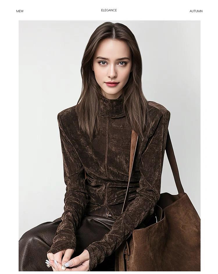 

2023 Новая рубашка-нижняя рубашка, полуводолазка цвета кофе Майяр с флокированным верхом для женщин S чёрный