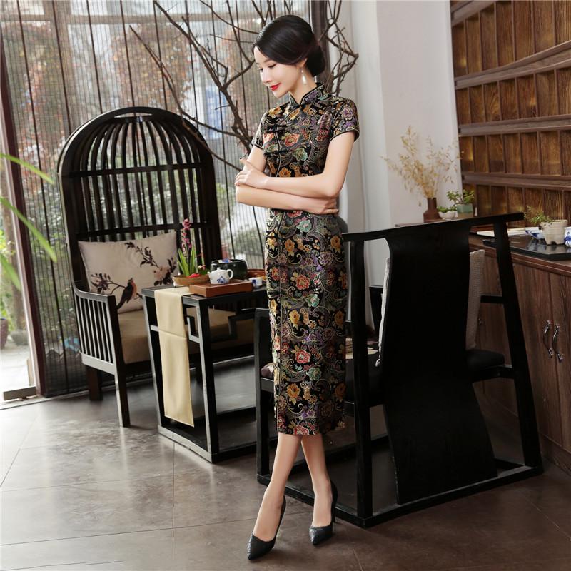 Spandex stand-up collar mid-slit long cheongsam dress women