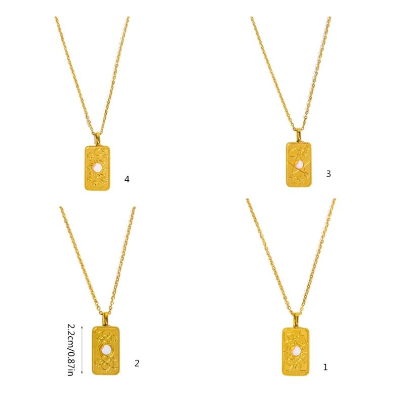 Stylish Gold Square Sun Moon Star World Pendant Necklace Accessory Eye Catching Clavicular Chain for Gathering Parties