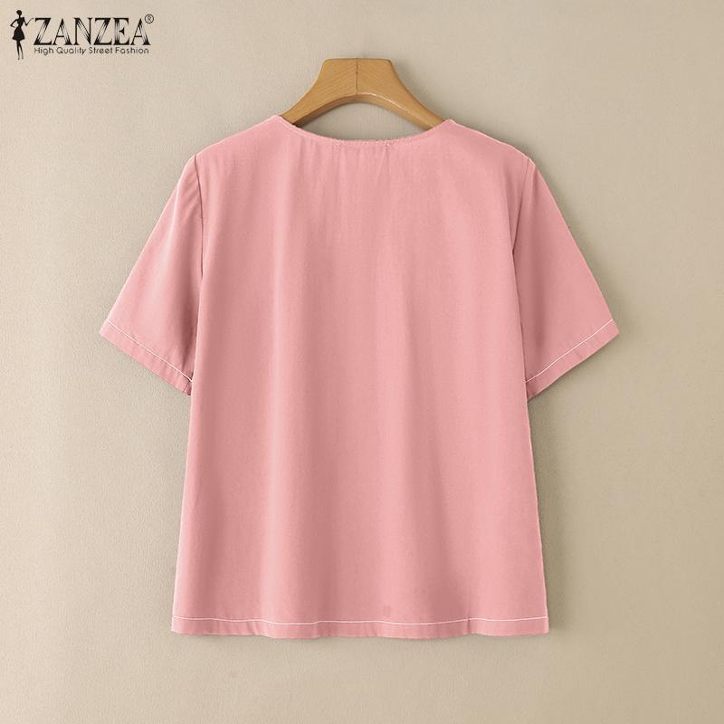 ZANZEA Damen Lässiges Sommer V-Ausschnitt Kurzarm Baumwoll-T-Shirt