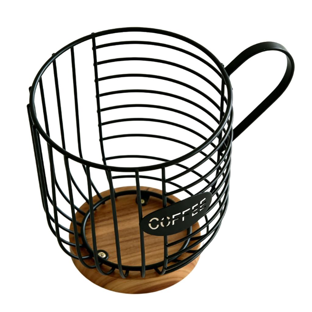 Metal Coffee Pod Wire Basket with Wooden Base Large Capacity Coffee Pod Holder for Kitchen Countertops Office Coffee