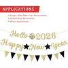 2026 New Year Holiday Decoration Banner Golden Letter Glitter Hello 2026 Happy New Years Banner Black Triangle Flag Star for Happy New Year