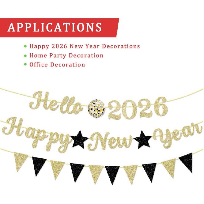 2026 New Year Holiday Decoration Banner Golden Letter Glitter Hello 2026 Happy New Years Banner Black Triangle Flag Star for Happy New Year