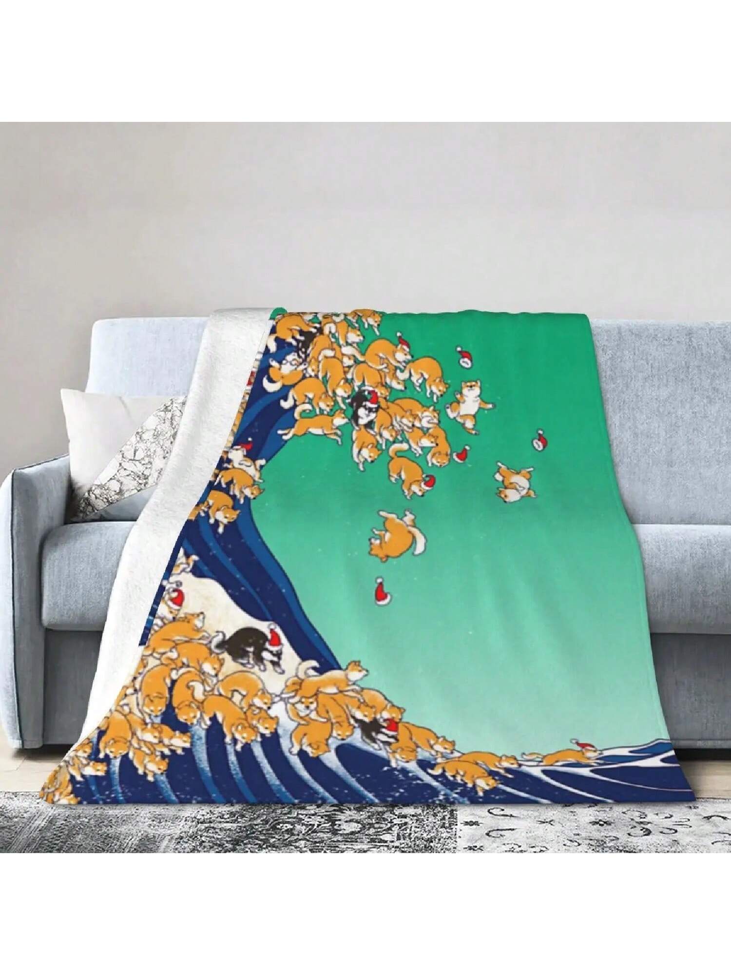 Christmas Shiba Inu In A Big Wave Ultra-Fine Super Soft Merino Flannel Blanket 75X95CM