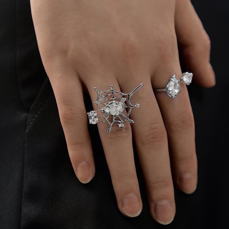 Sweet Cool Wind Spider Web Zircon Ring Niche Design Sense Hollow Spice Girl Diablo Index Finger Female Ring Female