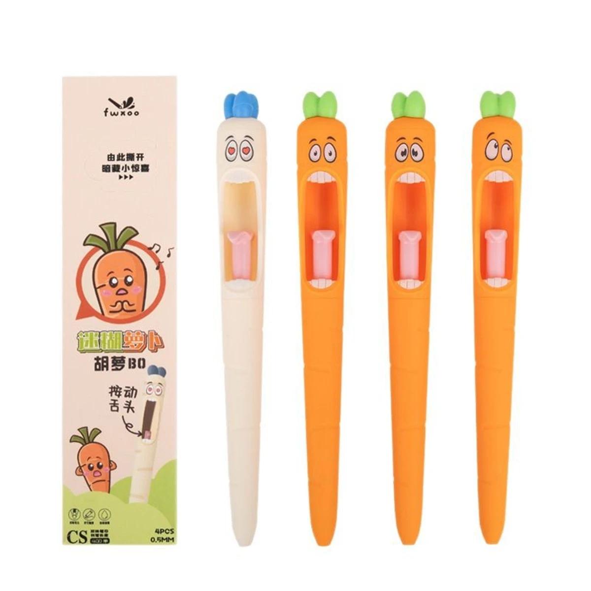 Cute Animation Kawaii Pens Carrot Shaped Gel Pen Design Retractable Tongue Refill Black Ink Pens Workspace School Stationery Present