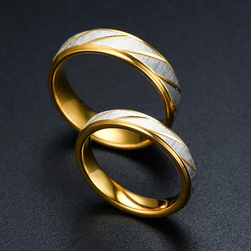Stainless Steel Gold Color Wave Pattern Couple Ring Titanium Steel Wedding Engagement Ring Promise Ring Zircon Gift