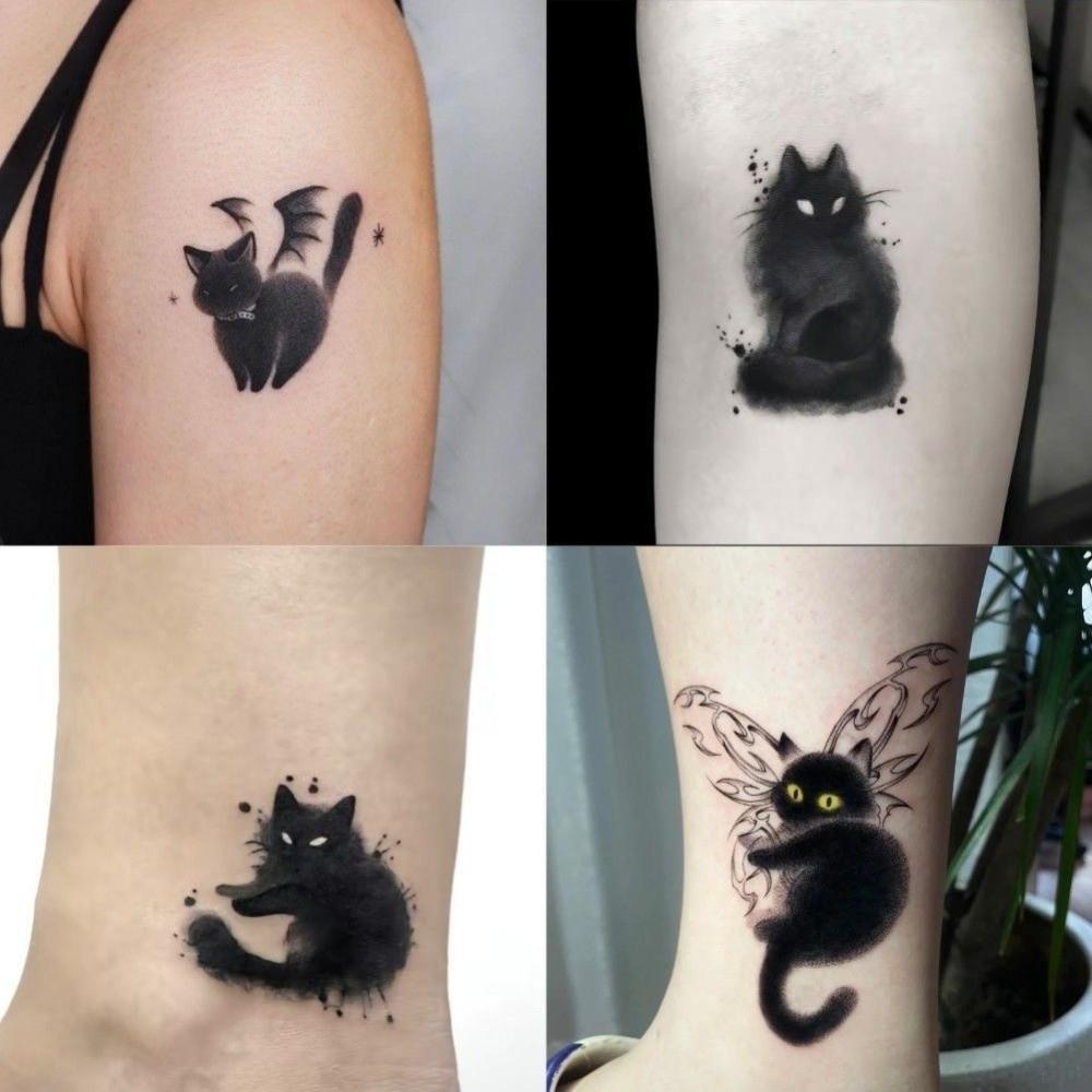 Estilo Pintura Lavado Gato Negro Pegatinas de Tatuaje Calcomanías de Transferencia al Agua Gato Impermeable Tatuaje Temporal Instantáneo Desechable